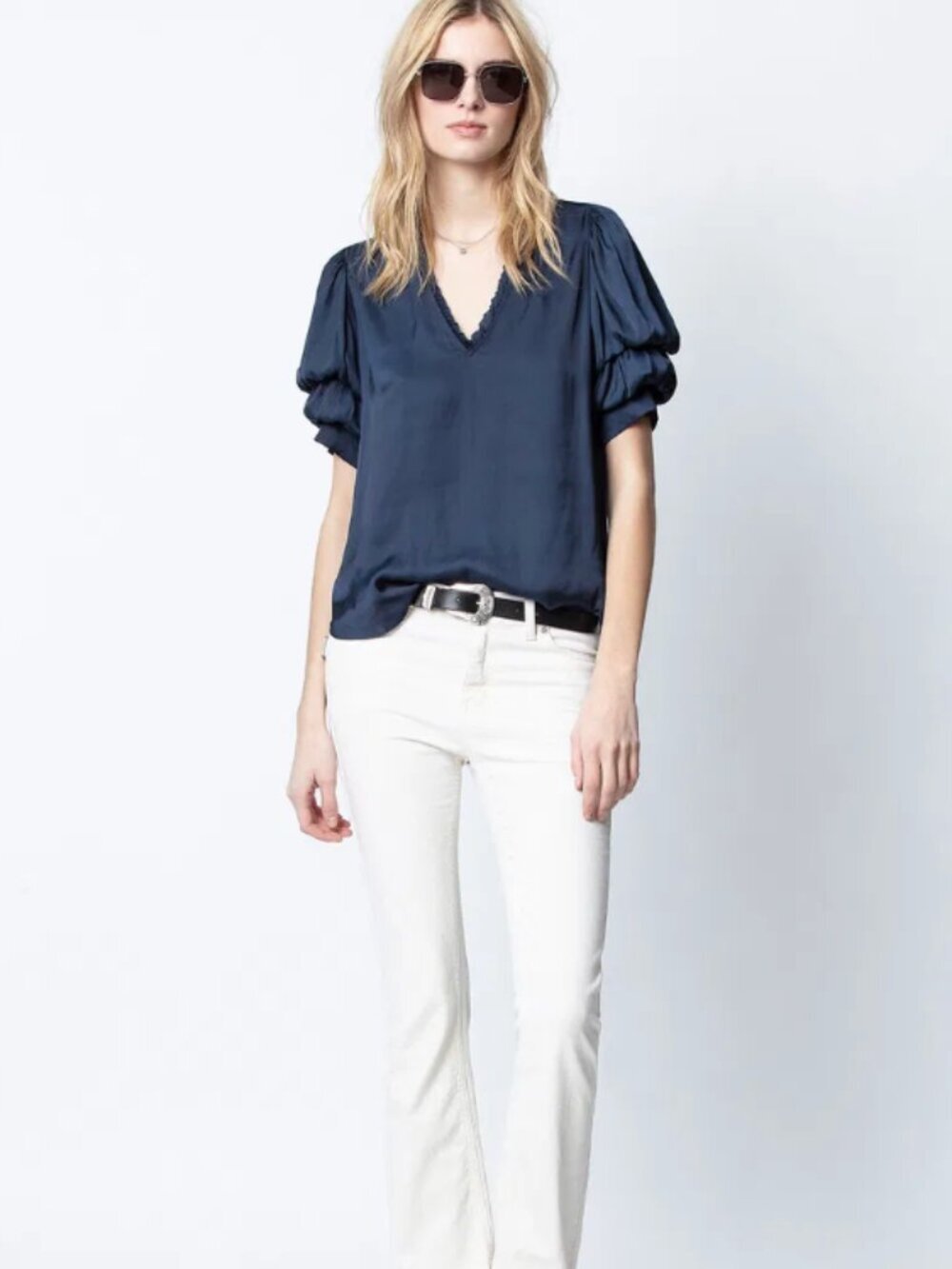 ZADIG & VOLTAIRE Taste Satin Navy Ruffle Puff Short Sleeve V Neck Blouse XS - Picture 2 of 10
